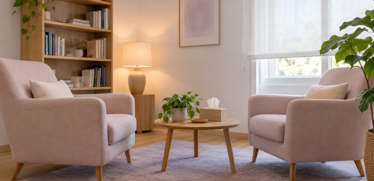 Sala de consulta con dos sillones claros y una mesa de madera