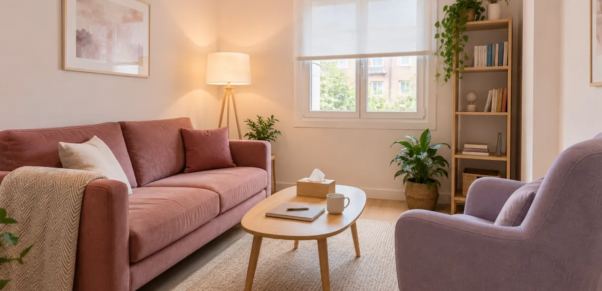 Sala de conversación con sofá rosa palo y un sillón lavanda