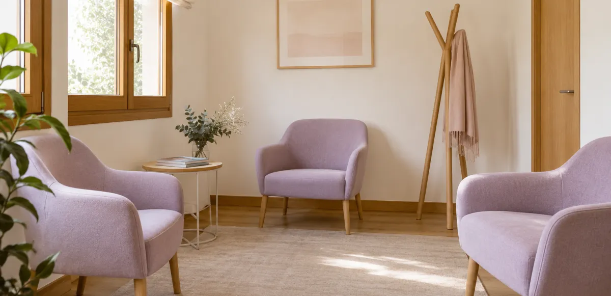 Sala de espera con asientos lavanda y luz natural