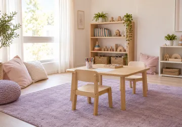 Espacio infantil con mesa baja y materiales de juego