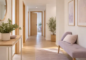 Entrada de consulta con puertas de madera y un banco lavanda