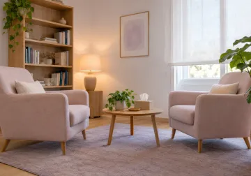 Sala de consulta con dos sillones claros y una mesa de madera