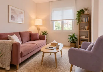 Sala de conversación con sofá rosa palo y un sillón lavanda