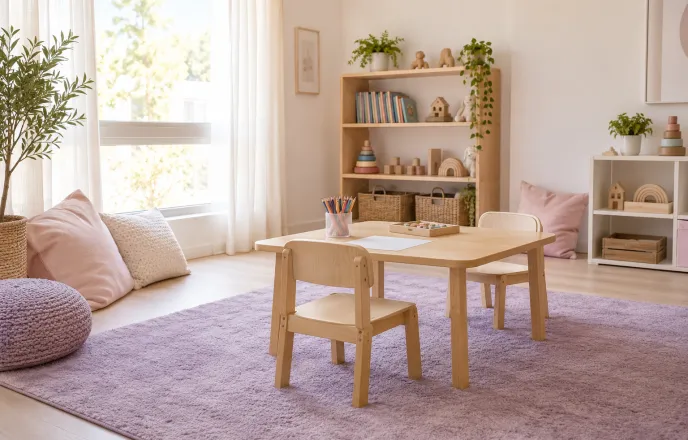 Espacio infantil con mesa baja y materiales de juego