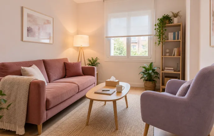 Sala de conversación con sofá rosa palo y un sillón lavanda