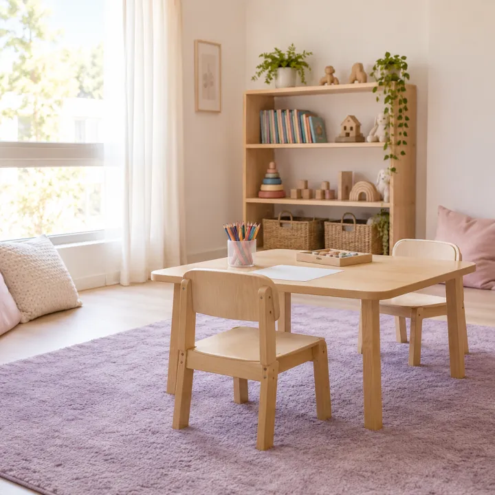 Espacio infantil con mesa baja y materiales de juego