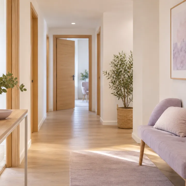 Entrada de consulta con puertas de madera y un banco lavanda