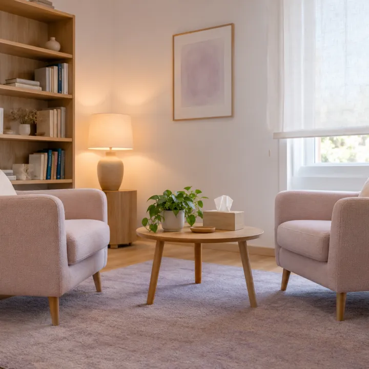 Sala de consulta con dos sillones claros y una mesa de madera