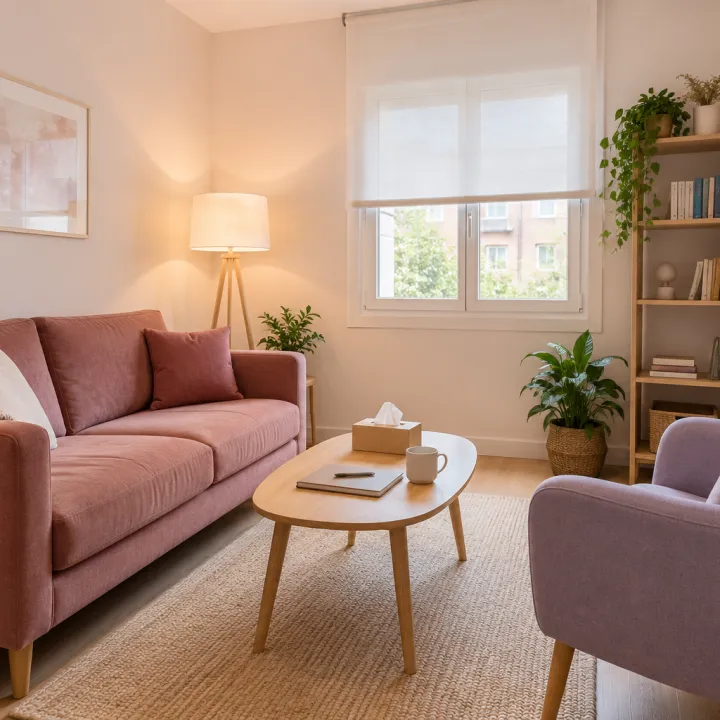 Sala de conversación con sofá rosa palo y un sillón lavanda