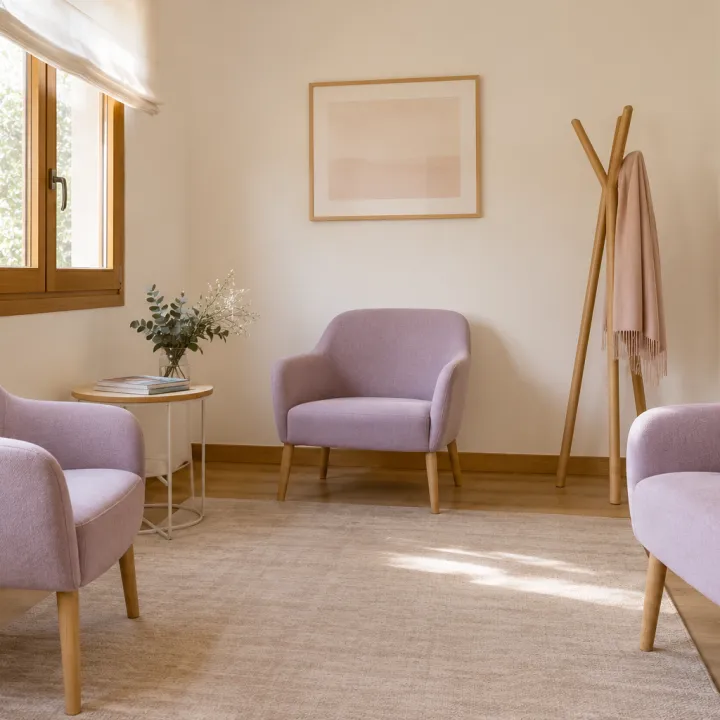 Sala de espera con asientos lavanda y luz natural